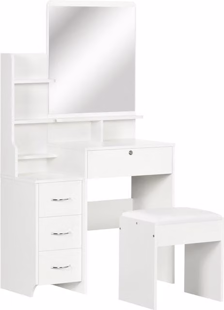 Set da Trucco HOMCOM Bianco con Specchio, Tavolo con Sgabello, 4 Cassetti e 4 Ripiani