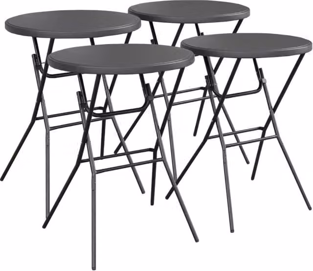 Set di 4 tavoli alti pieghevoli Sweeek in acciaio e plastica, colore grigio opaco, design moderno e rotondo per giardino, terrazza o cucina