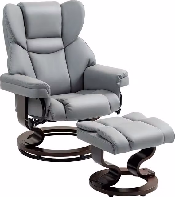 Poltrona Relax Girevole HOMCOM con Poggiapiedi Integrato, Schienale Alto in Ecopelle e Base in Legno, Grigio Chiaro