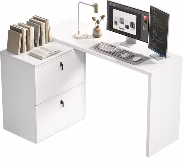 Scrivania Angolare Moderna Minimal con Cassettiera Bianca per Ufficio o Home Office L/P/H: 90 x 50 x 75 cm