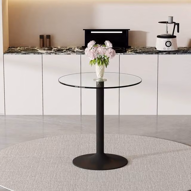 Tavolo alto rotondo MIVRAY con piano in vetro trasparente e base in metallo nero, Diametro: 89 cm, Altezza: 92 cm
