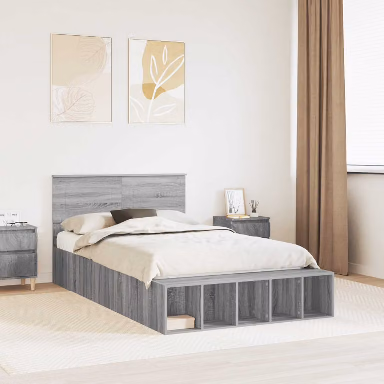 vidaXL Struttura letto moderna con scaffale e cassetti Grigio Sonoma L: 138 cm, H: 215,5 cm, P: 90 cm