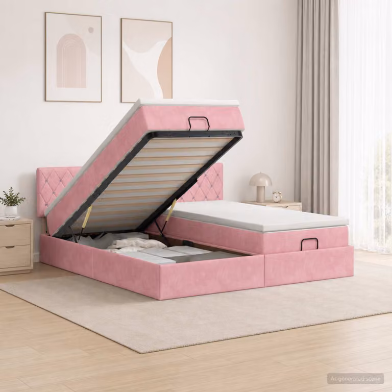 Letto Ottomano vidaXL con Materasso e Illuminazione LED in Velluto Rosa, L/P/H: 200 x 200 x 88 cm