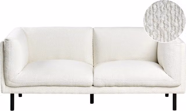 Divano a 2 posti Beliani in tessuto bouclé bianco con gambe nere per il tuo salotto moderno L: 180 cm, H: 84 cm, P: 76 cm