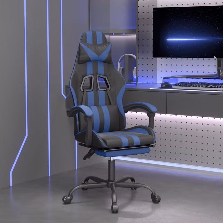Sedia da Gaming Girevole vidaXL in Similpelle Nero e Blu con Poggiapiedi e Braccioli