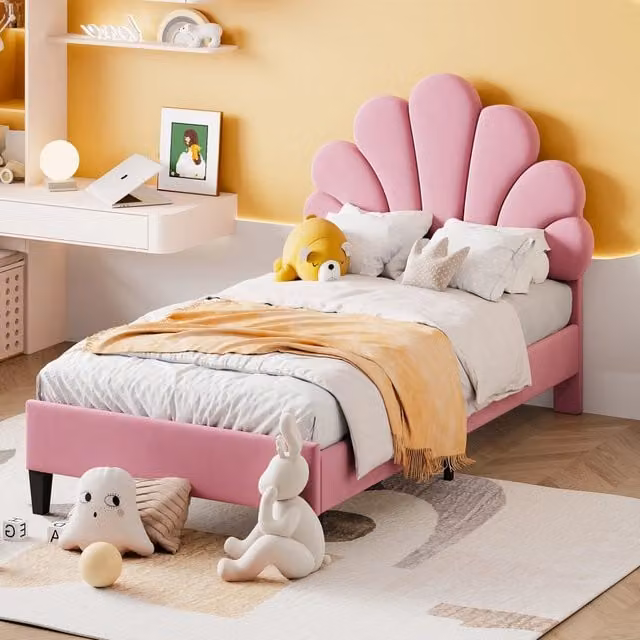 Letto Imbottito per Bambini Komhtom in Velluto Rosa con Testiera a Forma di Fiore L/P/H: 90 x 200 x 110.5 cm