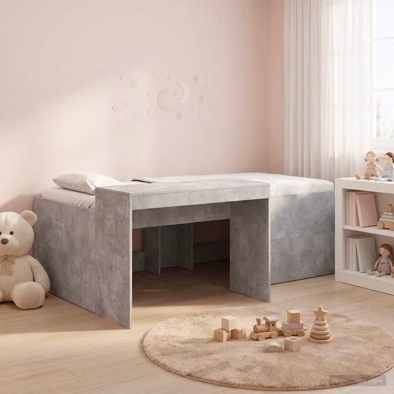 Letto alto per bambini vidaXL con scrivania in legno ingegnerizzato Grigio Cemento L/P/H: 203 x 142 x 61 cm, Materasso 140 x 200 cm