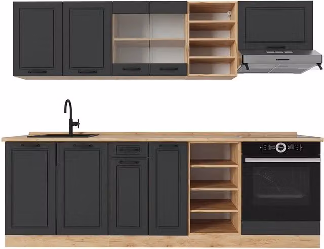 Cucina componibile Vicco R-Line in antracite e rovere dorato, larghezza: 240 cm, senza piano di lavoro