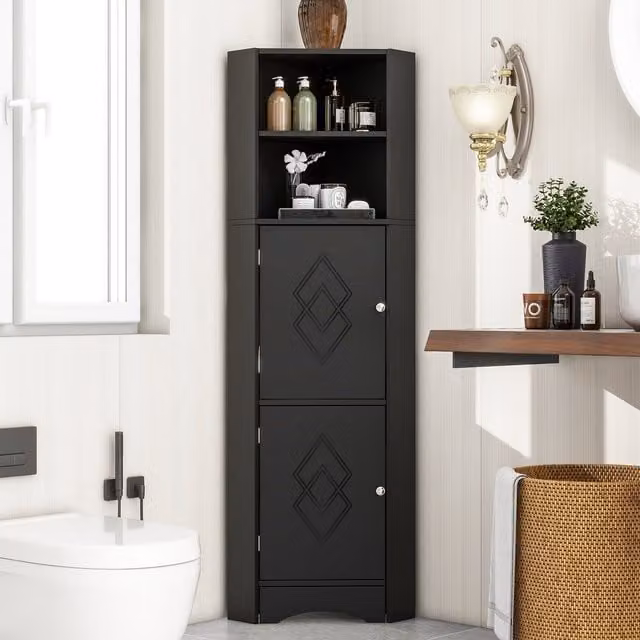 Armadio angolare da bagno Aosom Italy nero con ripiani regolabili e ante a battente, L/P/H: 36.5 x 36.5 x 155 cm