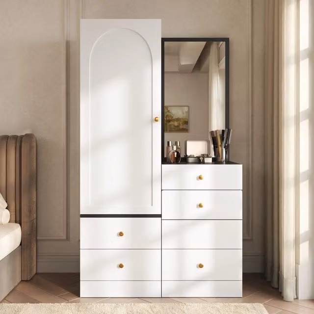 Armadio Toilette REDOM con Specchio e Cassetti, MDF Nero e Bianco, L: 90 cm, P: 50,5 cm, H: 160 cm