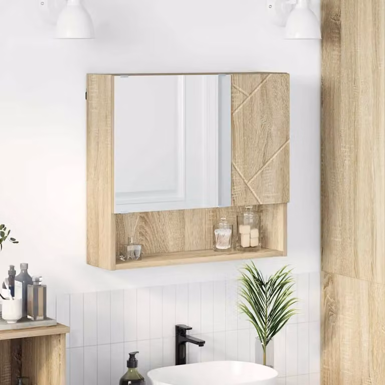 Mobiletto per specchio da bagno vidaXL in Rovere Sonoma con specchio e ripiani interni, L: 59 cm, P: 17 cm, H: 55 cm