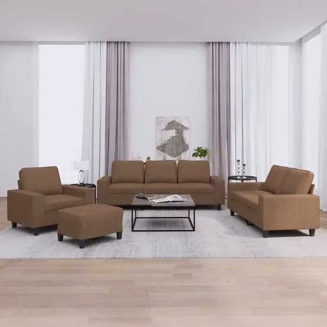 Set di divani moderno vidaXL in tessuto marrone composto da divano a 3 posti, divano a 2 posti e pouf con cuscini inclusi