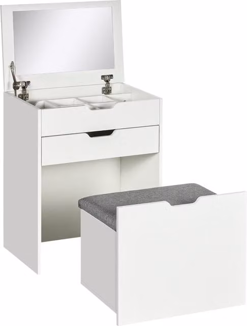 Toeletta da camera HOMCOM con specchiera, cassetto e sgabello coordinato in legno bianco