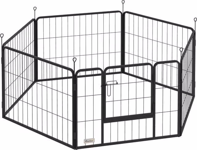 PawHut Recinto per Cani Modulabile a 6 Pannelli in Acciaio Nero con Porta di Ingresso L: 80 cm, H: 60 cm, P: 1.5 cm