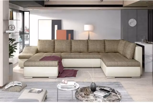 Divano panoramico a U GYOVANI MEUBLORAMA beige e bianco con angolo sinistro trasformabile, poggiatesta regolabile e struttura in metallo