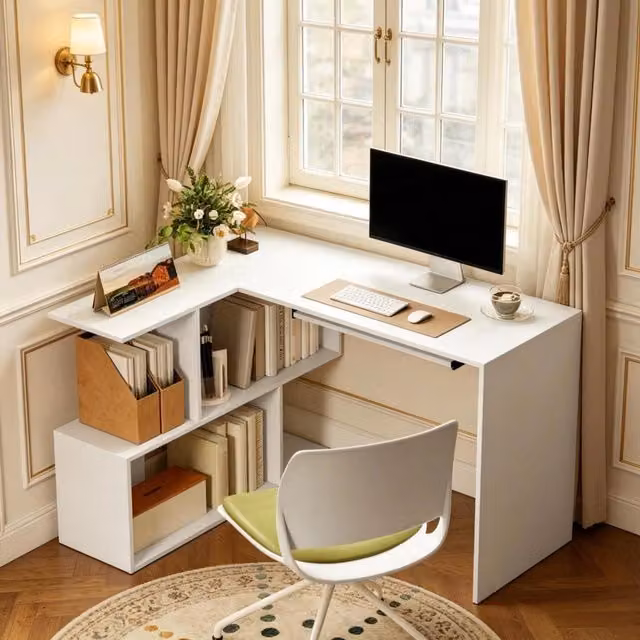 Scrivania angolare a L Mivray con libreria e ripiano tastiera scorrevole bianca opaca L/P/H: 120 x 100 x 76 cm