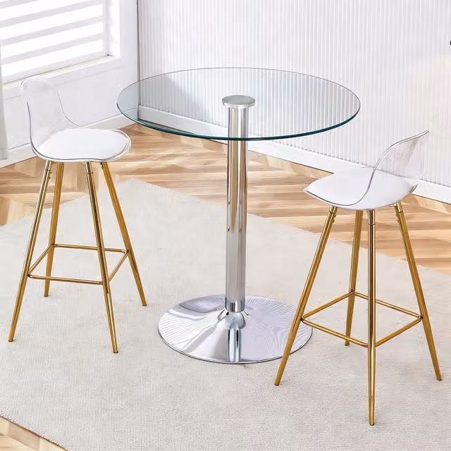Set tavolo rotondo Mivray con 2 sgabelli, piano in vetro trasparente e strutture in metallo oro e argento