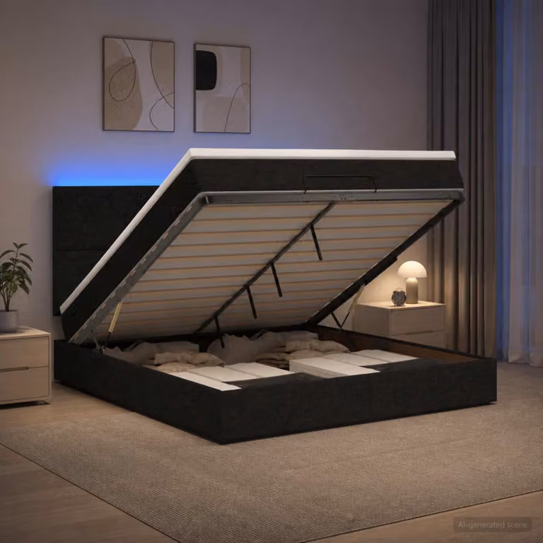 Letto Ottomano vidaXL con Materasso Ibrido e Illuminazione LED Sotto il Letto, Colore Nero e Bianco, L/P/H: 203 x 180 x 88 cm