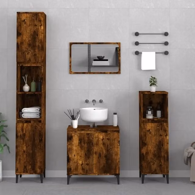 Set di mobili da bagno moderno vidaXL in legno e metallo color rovere marrone, composto da 3 pezzi con unità lavabo e armadio alto, montaggio a parete, L/P/H: 60 x 33 x 58 cm