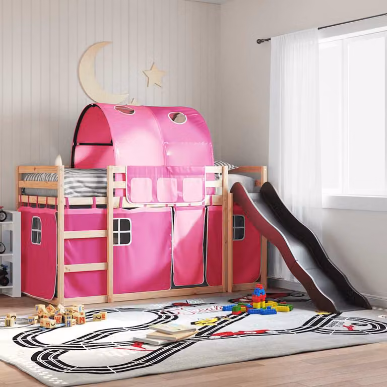 vidaXL Letto a Castello per Bambini in Legno di Pino con Scivolo e Tende Rosa e Antracite 80x200 cm