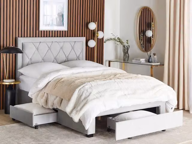 Letto contenitore Glam Design in velluto grigio con cassetti e testiera alta L/P/H: 140 x 200 x 145 cm