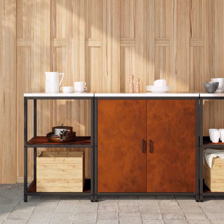 Set di stoccaggio per cucina vidaXL HATTEM in metallo marrone con ante a battente e ripiani interni, modello moderno a parete o autoportante