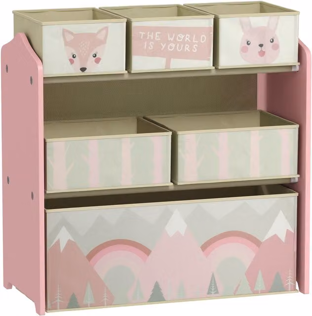 Scaffale Portagiochi ZONEKIZ per Bambini con 6 Contenitori in Tessuto Rimovibili, Rosa, L: 63 cm, P: 30 cm, H: 66 cm