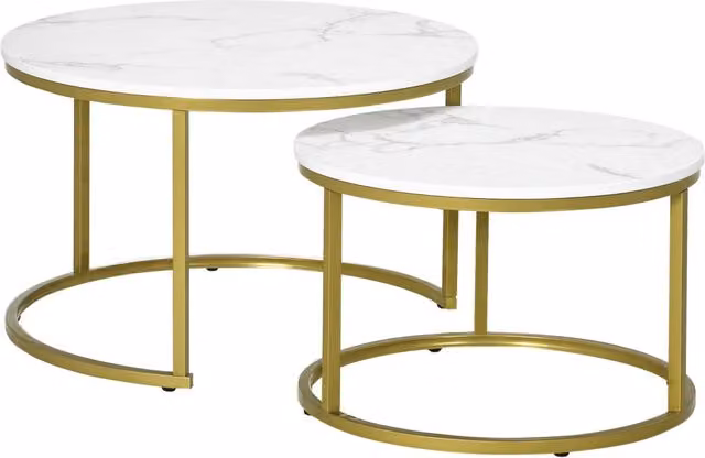 Tavolino da caffè tondo a due livelli Outsunny con piano effetto marmo bianco e gambe in acciaio dorato H: 74 cm, L: 46.3 cm
