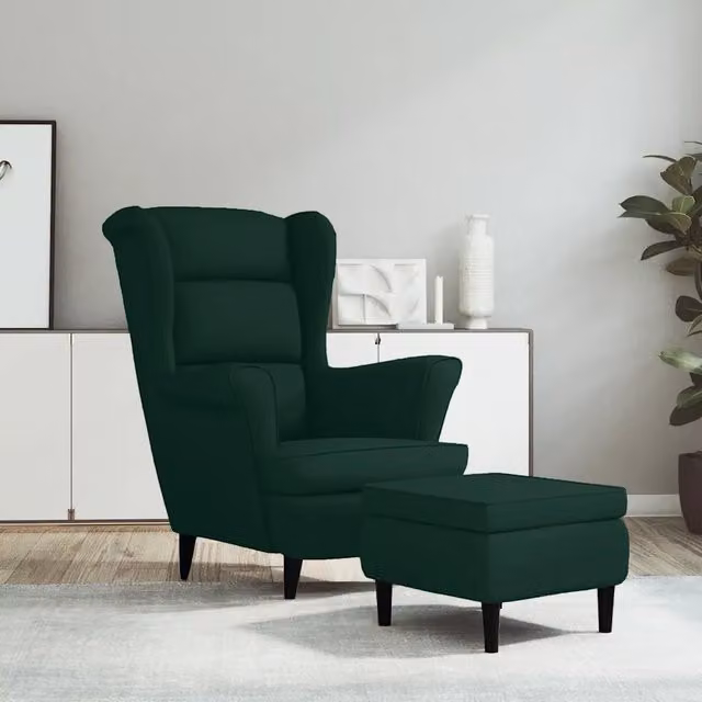 Poltrona con Schienale ad Ala e Poggiapiedi vidaXL in Velluto Verde Scuro con Struttura in Legno e Imbottitura in Schiuma L/P/H: 96.5 x 78.0 x 90.0 cm