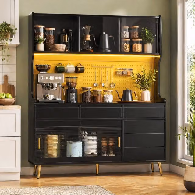 Mobile colonna da cucina Mivray nero con ante scorrevoli in vetro rigato e illuminazione LED integrata L/P/H: 145 x 39 x 171 cm