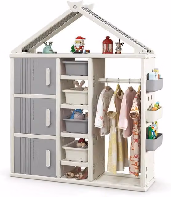 Armadio per bambini Costway a forma di casa con lavagna e organizer, grigio