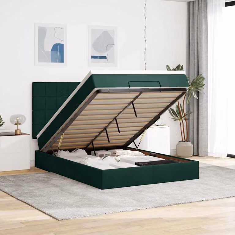 vidaXL Struttura Letto con Pouf e Materasso in Velluto, L/P/H: 203 x 144 x 128 cm, Colore Verde e Bianco