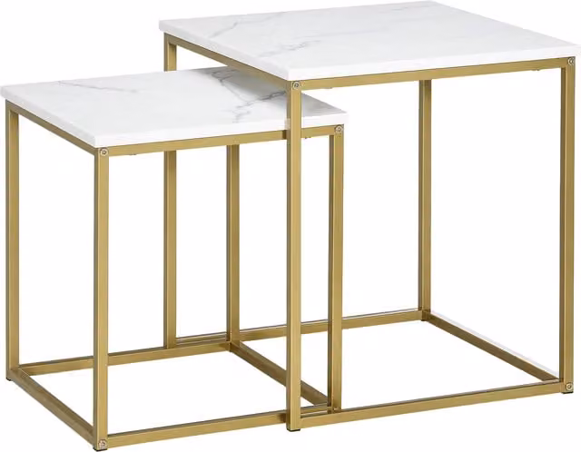 Set di 2 tavolini da salotto impilabili HOMCOM con piano effetto marmo bianco e struttura in metallo oro, L/P/H: 45 x 45 x 50 cm e 37 x 37 x 43 cm
