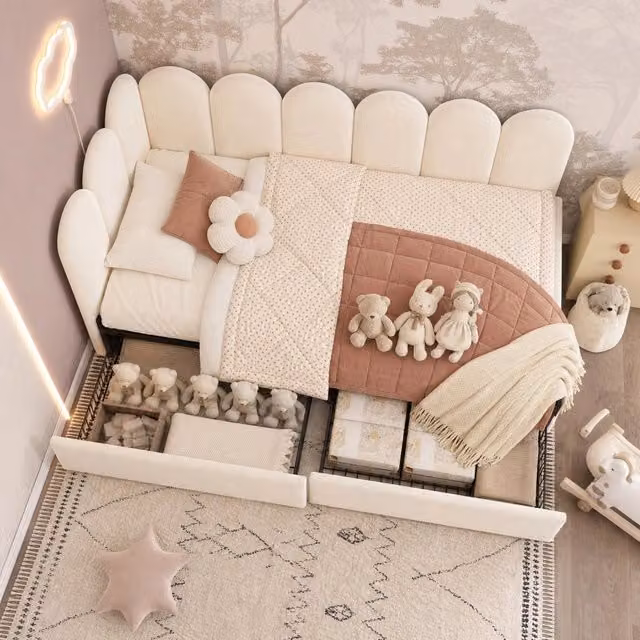 Letto singolo REDOM in velluto beige con struttura imbottita e 2 cassetti, L/P/H: 190 x 90 x 76 cm