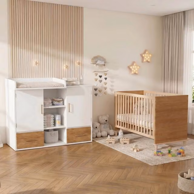 Set fasciatoio e lettino a sbarre WISHDOR per cameretta in legno e MDF bianco e beige