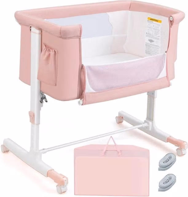 Culla per bambini 3 in 1 Design Mania con 5 livelli di altezza regolabili, borsa da viaggio e traversina, colore rosa