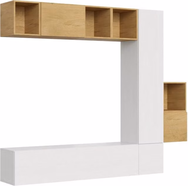 Composizione parete soggiorno moderna Itamoby bianca con pensili e lowboard L: 254 cm, H: 214 cm, P: 39,2 cm