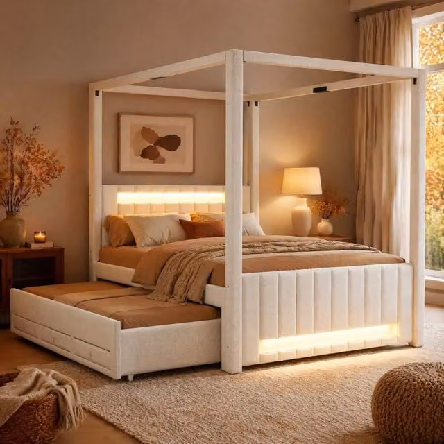 Letto Mivray con baldacchino imbottito, letto estraibile, illuminazione LED sottostante e tre cassetti, colore beige, L/P/H: 140 x 200 x 141.5 cm