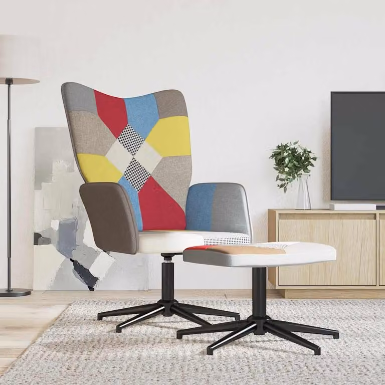 Sedia Relax con Sgabello vidaXL in Tessuto Patchwork Multicolore con Struttura in Metallo e Seduta in Schiuma