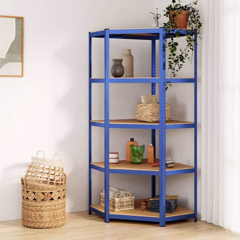 vidaXL Mensola Angolare Industriale a 5 Strati in Acciaio e Legno, Blu, H 180 x L 75 x P 75 cm