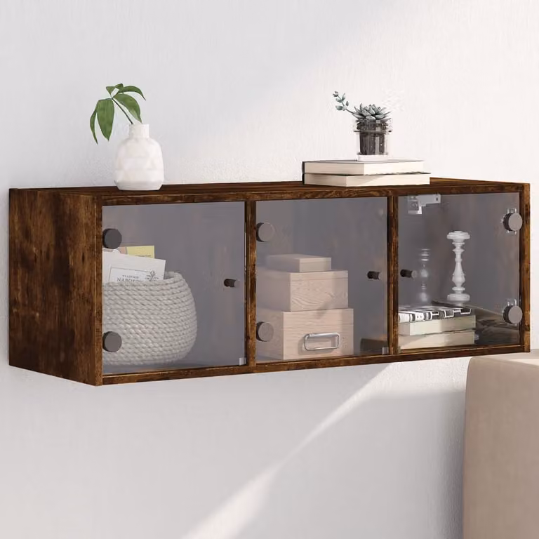 Mobile a muro vidaXL con ante in vetro, Rovere Fumo, L: 102 cm, P: 37 cm, H: 35 cm