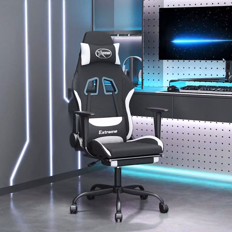 Sedia da Gaming vidaXL con Poggiapiedi e Massaggio, Tessuto, Nero e Bianco
