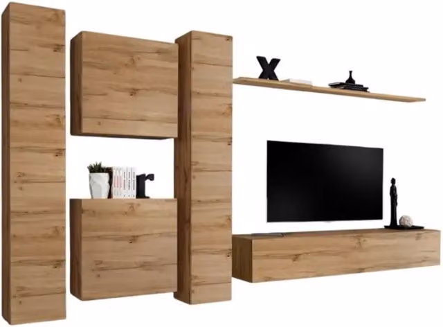 Composizione murale SWITCH VI Meublorama con mobile TV e colonne sospese in Rovere Wotan, L: 330 cm, H: 180 cm, P: 40 cm