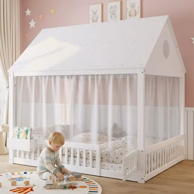 Letto a casetta MIVRAY per bambini in legno e MDF bianco con vano portaoggetti e rete a doghe L/P/H: 207 x 140 x 150,4 cm