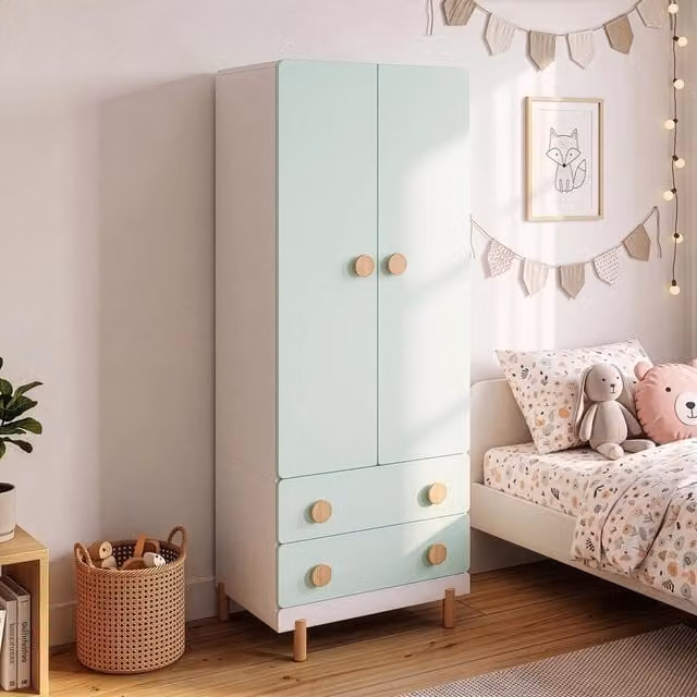 Armadio per cameretta Vaarentaa en.casa con 2 ante e 2 cassetti, Bianco e Verde Menta, H 156 cm x L 60 cm x P 41 cm