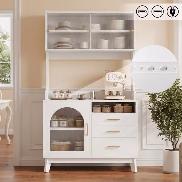Credenza e madia moderna OKWISH con prese e porte USB-A e USB-C, bianco, L: 100,5 cm, P: 40 cm, H: 178 cm