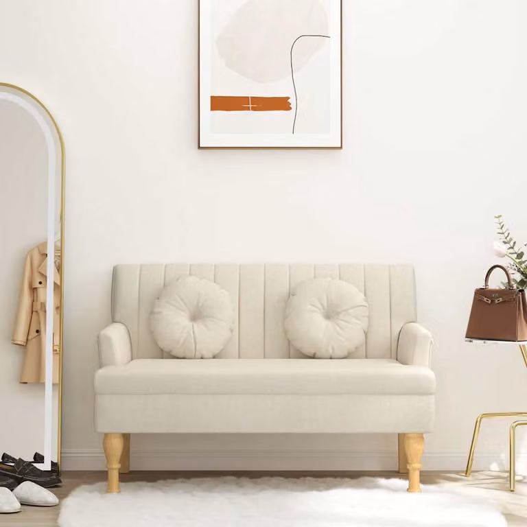 vidaXL Panca con Cuscini in Lino Beige con Braccioli e Struttura in Legno, L: 113 cm, P: 64,5 cm, H: 75,5 cm