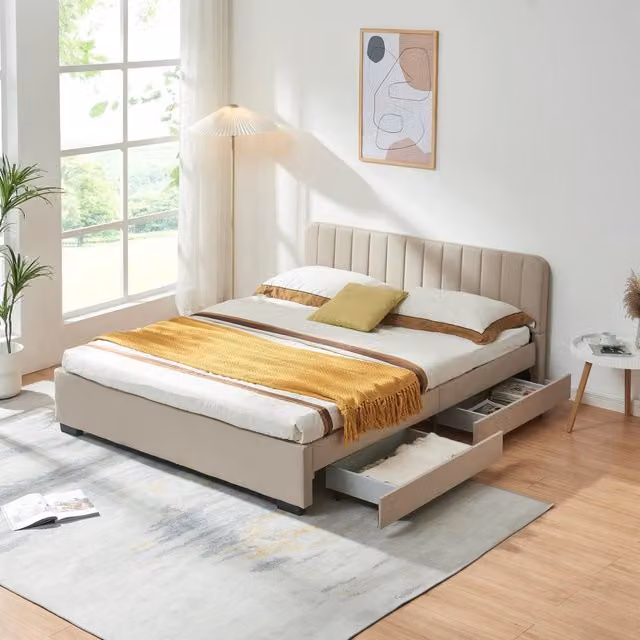 Letto Matrimoniale Nofrenna en.casa con Testiera e 4 Cassetti Beige L/P/H: 160 x 200 x 79 cm