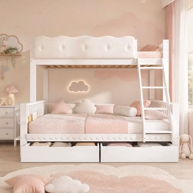 Letto a castello moderno in legno bianco con 2 cassetti e portariviste, misure: 90 x 200 cm e 140 x 200 cm