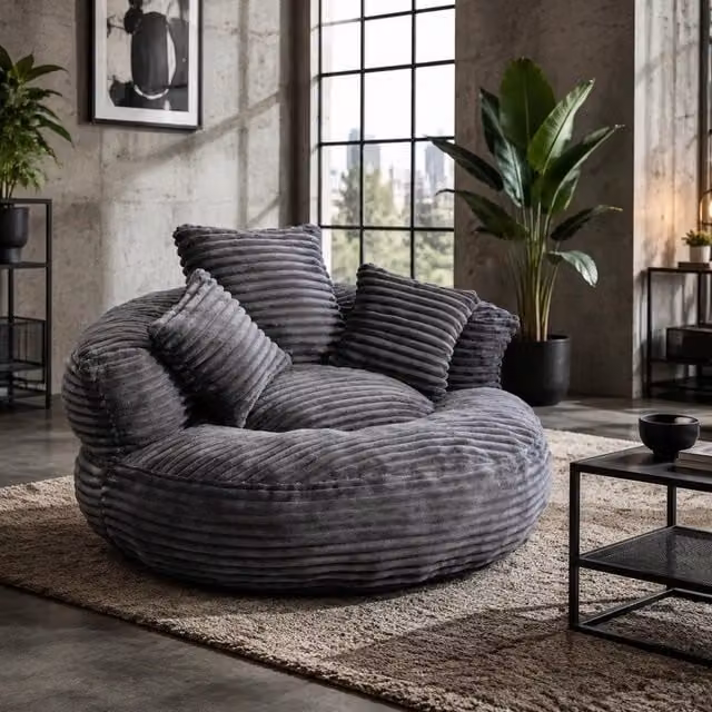 Pouf Mivray in velluto a coste grigio con schienale alto e braccioli per soggiorno, camera o sala giochi, L: 76 cm, P: 52 cm, H: 108 cm